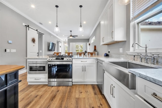 14902 Sweat Loop Rd, Wimauma, FL 33598 - kitchen featuring stainless steel appliances, a sink, a ceiling fan, crown molding, and a barn door