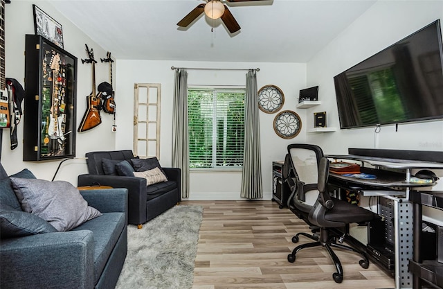1290 Pine Ridge Cir E Unit G1, Tarpon Springs, FL 34688 - home office featuring a ceiling fan, wood finished floors, and baseboards