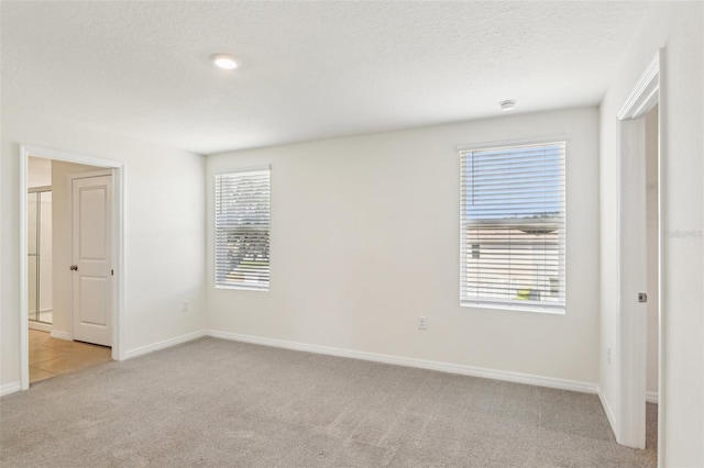 unfurnished bedroom with light carpet, a textured ceiling, baseboards, and multiple windows