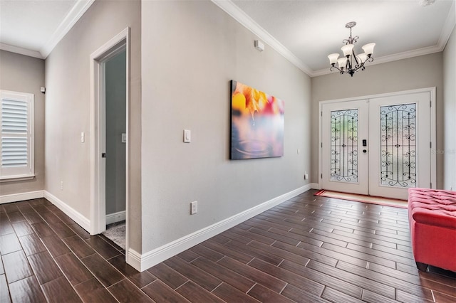 260 SW Lincoln Cir N, Saint Petersburg, FL 33703 - entrance foyer with a chandelier, wood finish floors, baseboards, crown molding, and french doors