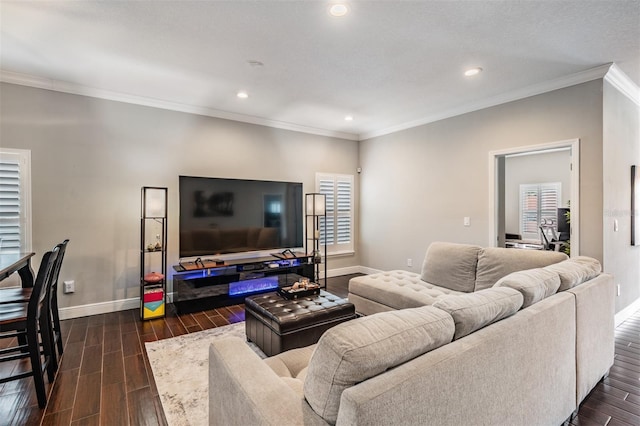 260 SW Lincoln Cir N, Saint Petersburg, FL 33703 - living area featuring baseboards, wood tiled floors, recessed lighting, and crown molding