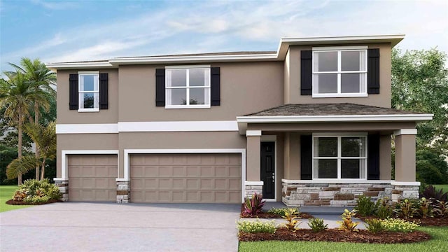 10669 Bridgegate Heights Loop, San Antonio, FL 33576 - view of front facade with stone siding, a garage, stucco siding, a porch, and driveway