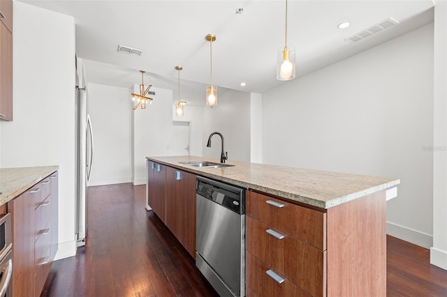 kitchen with a sink, dishwasher, modern cabinets, brown cabinets, and dark wood-style floors