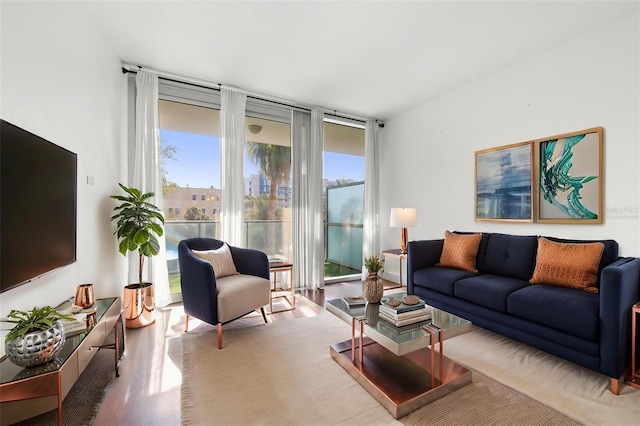 living area featuring plenty of natural light, floor to ceiling windows, and wood finished floors