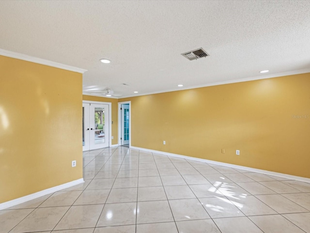 empty room with crown molding, visible vents, and recessed lighting