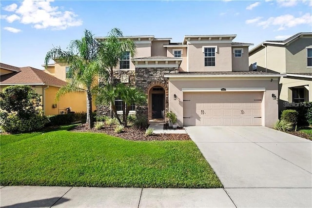 4407 Scarlet Loop, Wesley Chapel, FL 33544 - view of front of property featuring stucco siding, driveway, a front yard, a garage, and stone siding