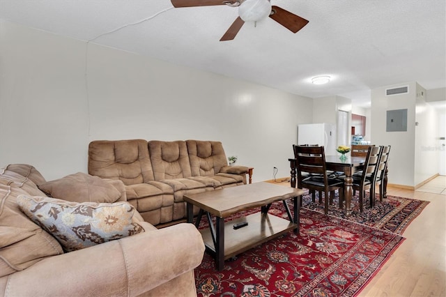 7505 Pitch Pine Cir Unit 122, Tampa, FL 33617 - living room with a ceiling fan, light wood-style floors, visible vents, and electric panel