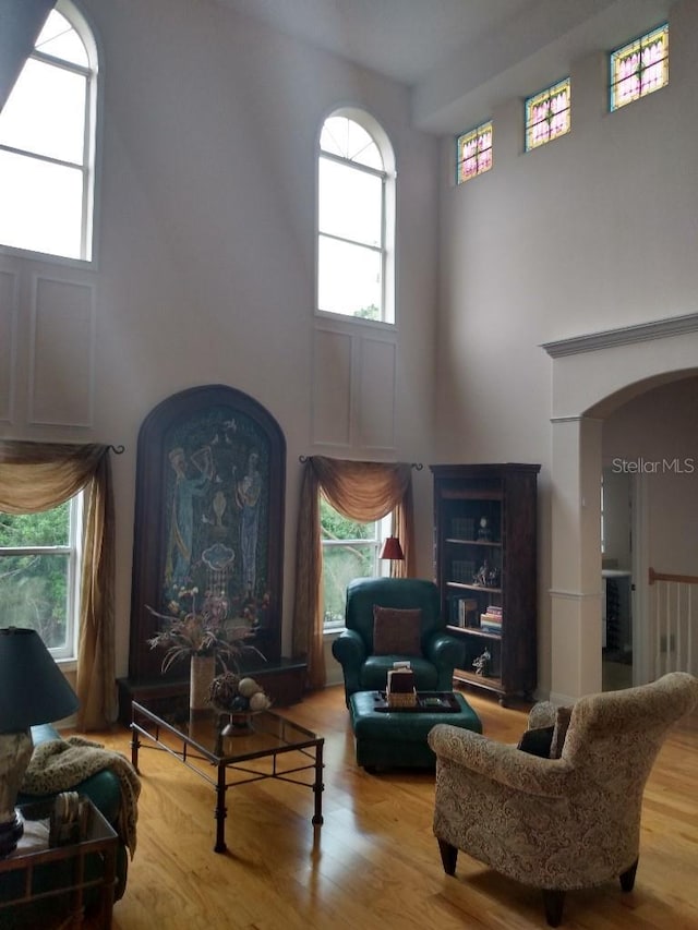 6926 Mccray Dr, Hudson, FL 34667 - living room featuring a high ceiling, arched walkways, wood finished floors, and healthy amount of natural light