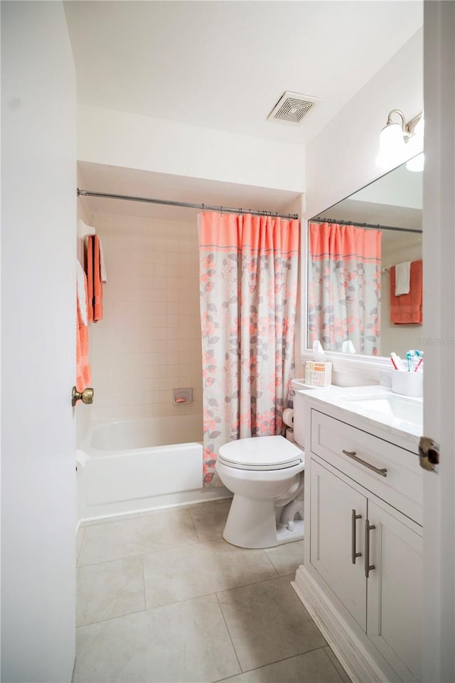 full bath with toilet, visible vents, tile patterned floors, vanity, and shower / bathtub combination with curtain