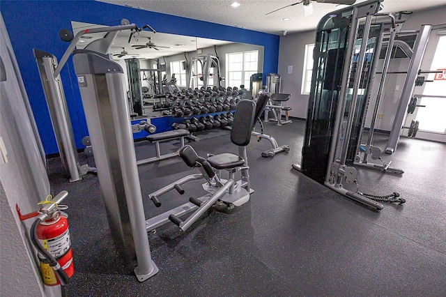 621 Washita Stone Dr, Ruskin, FL 33570 - exercise room with a wealth of natural light, ceiling fan, and a textured ceiling