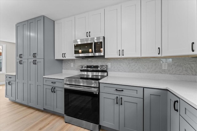 3215 E Powhatan Ave, Tampa, FL 33610 - kitchen featuring stainless steel appliances, gray cabinets, light wood-type flooring, and light countertops