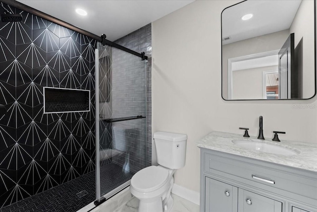 3215 E Powhatan Ave, Tampa, FL 33610 - full bathroom featuring marble finish floors, toilet, a stall shower, vanity, and recessed lighting