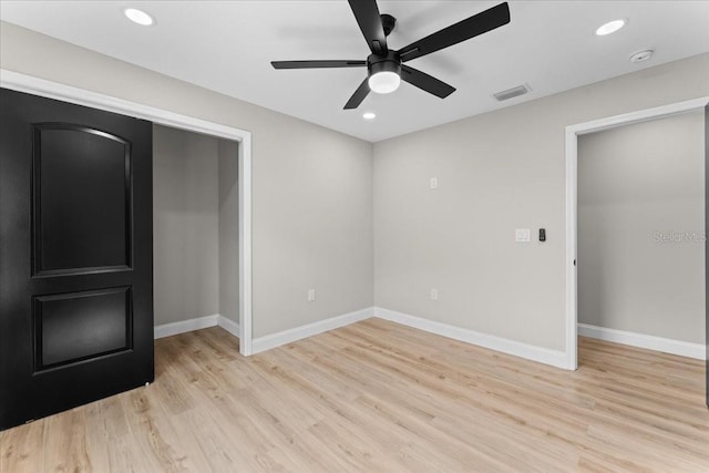 3215 E Powhatan Ave, Tampa, FL 33610 - unfurnished bedroom featuring light wood-style flooring, baseboards, recessed lighting, and a ceiling fan