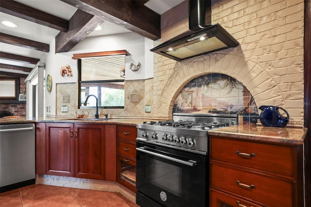 kitchen with appliances with stainless steel finishes, a sink, ventilation hood, decorative backsplash, and beamed ceiling