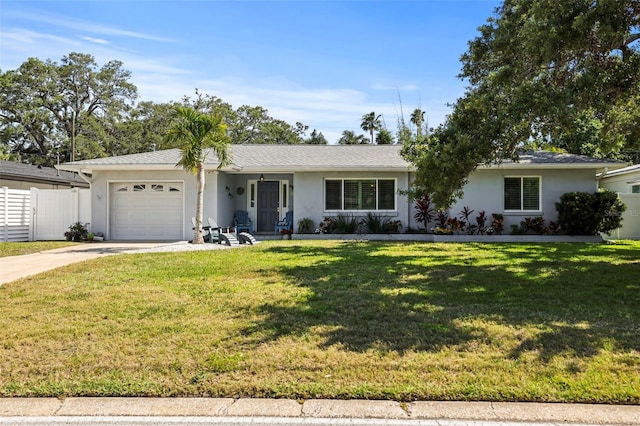 ranch-style house featuring an attached garage, stucco siding, and driveway
