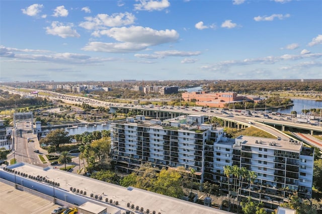 aerial view with a water view and a view of city