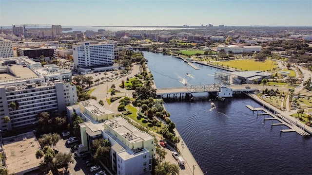 bird's eye view with a water view and a view of city