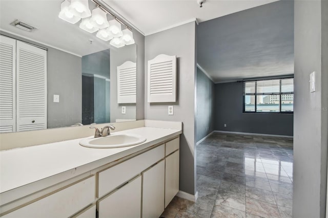 bathroom featuring baseboards, marble finish floor, visible vents, vanity, and crown molding