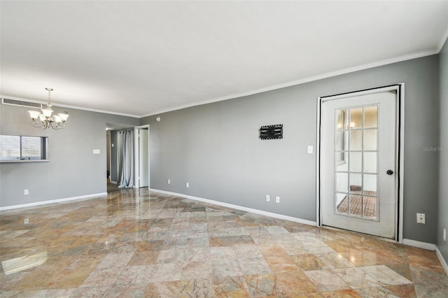 unfurnished room featuring baseboards, visible vents, an inviting chandelier, and crown molding