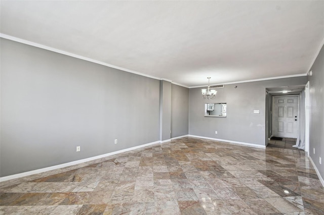 empty room featuring baseboards, ornamental molding, an inviting chandelier, and visible vents