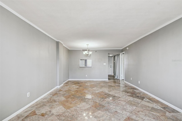 unfurnished room with baseboards, ornamental molding, and an inviting chandelier