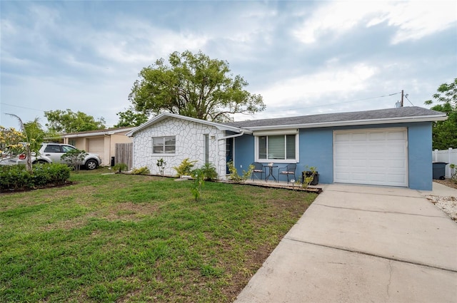single story home with a garage, stucco siding, concrete driveway, and stone siding