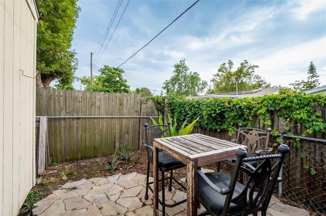 view of patio with a fenced backyard and outdoor dining area