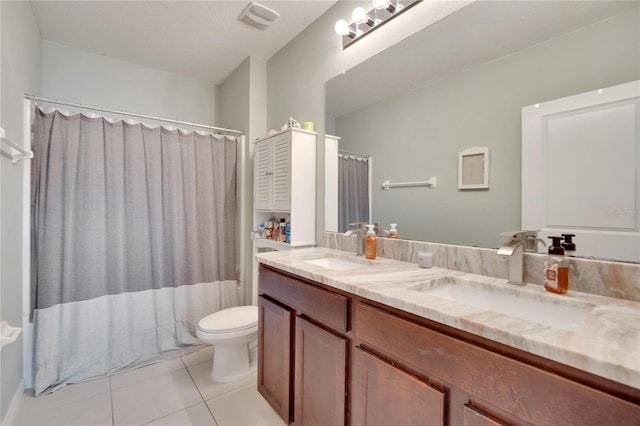 full bathroom featuring tile patterned flooring, toilet, double vanity, and curtained shower