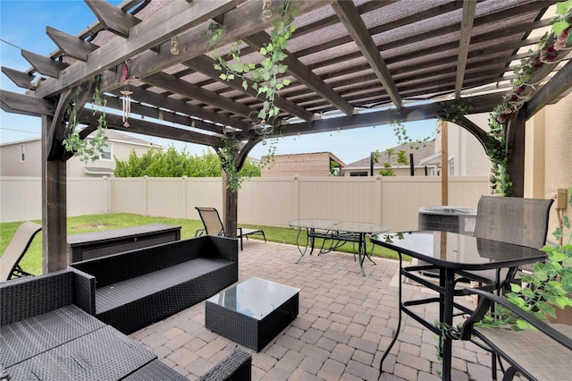 view of patio with a pergola, outdoor dining space, central AC, and outdoor lounge area