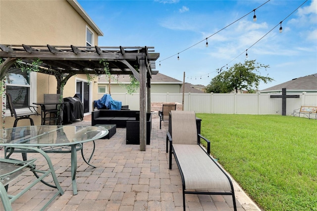 view of patio / terrace with a pergola, an outdoor living space, and area for grilling