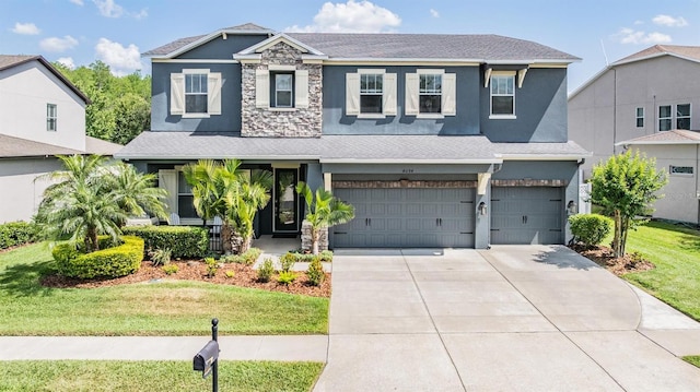 4094 Windcrest Dr, Wesley Chapel, FL 33544 - craftsman-style home with roof with shingles, an attached garage, concrete driveway, stucco siding, and a front lawn