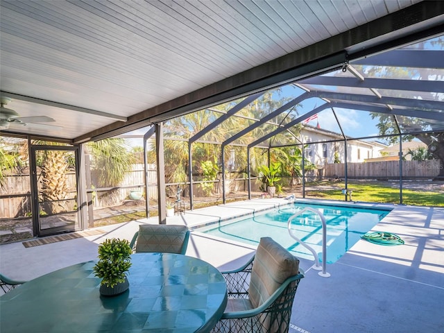 view of pool with a fenced backyard, a patio area, a fenced in pool, and glass enclosure