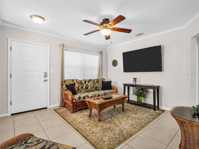 living area featuring a ceiling fan, crown molding, and visible vents