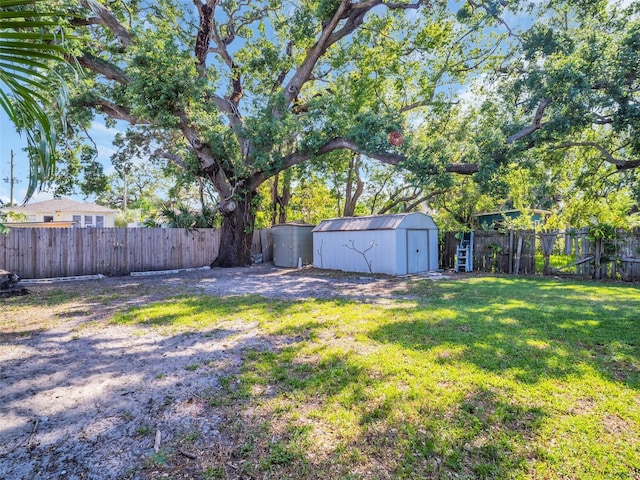 view of yard featuring an outbuilding, a fenced backyard, and a storage unit