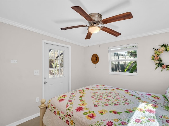 bedroom with baseboards, multiple windows, ceiling fan, and crown molding