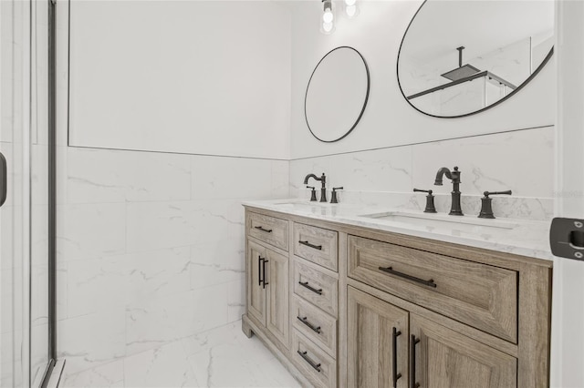2901 Forestwood Dr, Seffner, FL 33584 - full bath with marble finish floors, a stall shower, double vanity, and tile walls