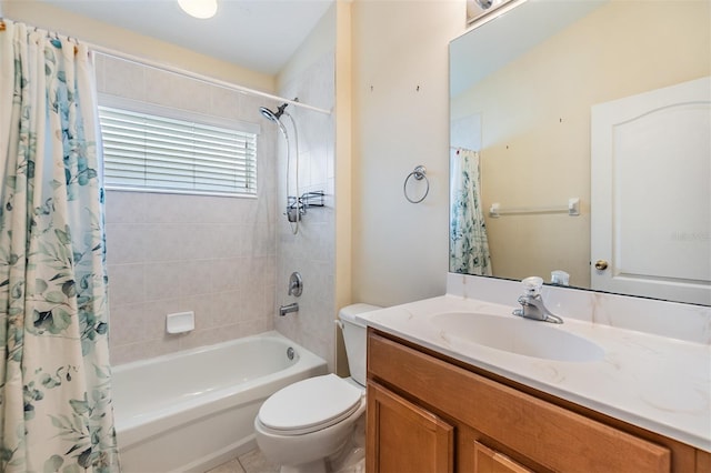 full bath featuring toilet, vanity, and shower / bath combination with curtain