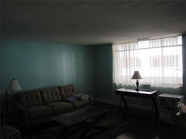 living room featuring baseboards and a textured ceiling