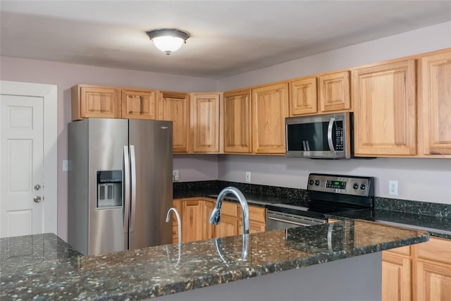 1310 Hilton Pl, Tampa, FL 33604 - kitchen with stainless steel appliances, light brown cabinetry, a sink, and dark stone countertops