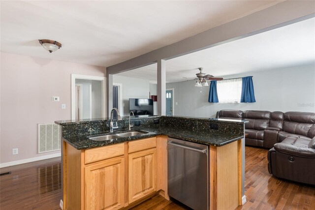 1310 Hilton Pl, Tampa, FL 33604 - kitchen featuring stainless steel dishwasher, visible vents, a sink, open floor plan, and dark wood-style floors