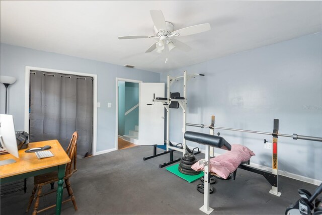 1310 Hilton Pl, Tampa, FL 33604 - workout room featuring baseboards, visible vents, and ceiling fan