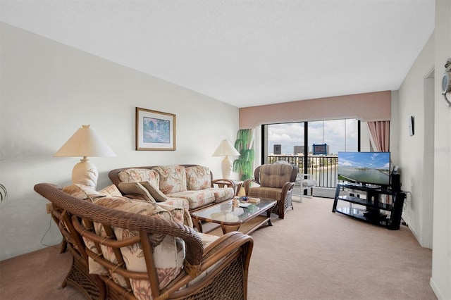 living area featuring light carpet