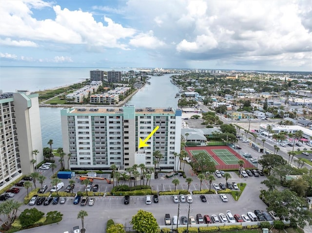 bird's eye view with a water view and a view of city