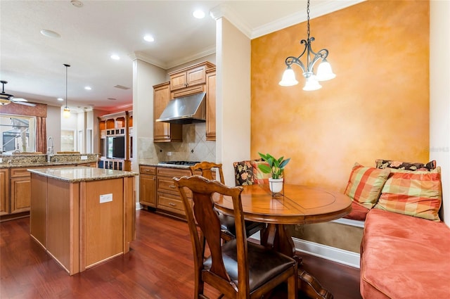 3300 Stonegate Falls Dr, Land O Lakes, FL 34638 - kitchen with under cabinet range hood, a kitchen island, backsplash, ornamental molding, and dark wood-type flooring