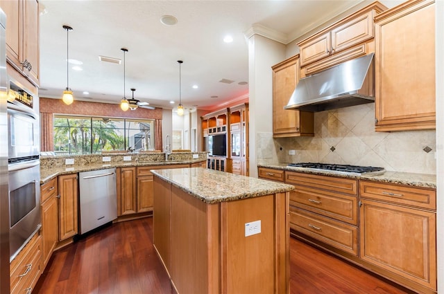 3300 Stonegate Falls Dr, Land O Lakes, FL 34638 - kitchen featuring stainless steel appliances, under cabinet range hood, dark wood finished floors, a kitchen island, and backsplash