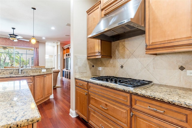 3300 Stonegate Falls Dr, Land O Lakes, FL 34638 - kitchen with extractor fan, a sink, dark wood-type flooring, ceiling fan, and light stone counters