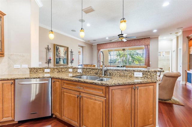 3300 Stonegate Falls Dr, Land O Lakes, FL 34638 - kitchen featuring dishwasher, a sink, crown molding, dark wood-type flooring, and light stone counters