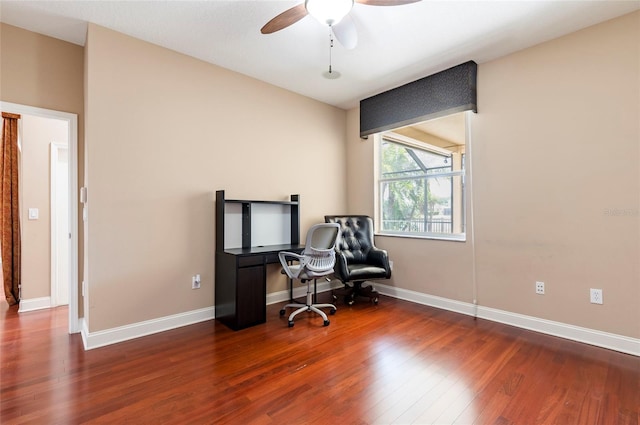 3300 Stonegate Falls Dr, Land O Lakes, FL 34638 - office area with wood finished floors, ceiling fan, and baseboards