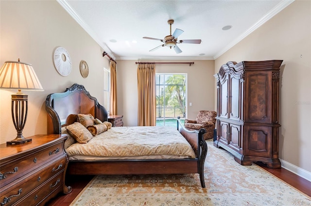3300 Stonegate Falls Dr, Land O Lakes, FL 34638 - bedroom with crown molding, light wood-style flooring, baseboards, a ceiling fan, and access to outside