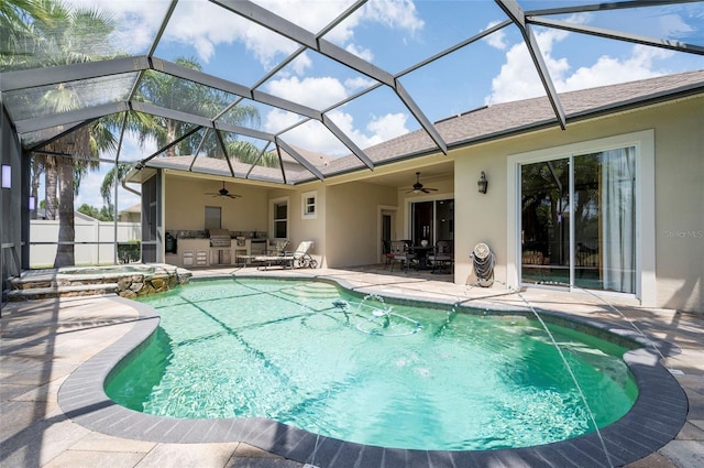 3300 Stonegate Falls Dr, Land O Lakes, FL 34638 - view of swimming pool with a ceiling fan, a patio area, a lanai, and a pool with connected hot tub